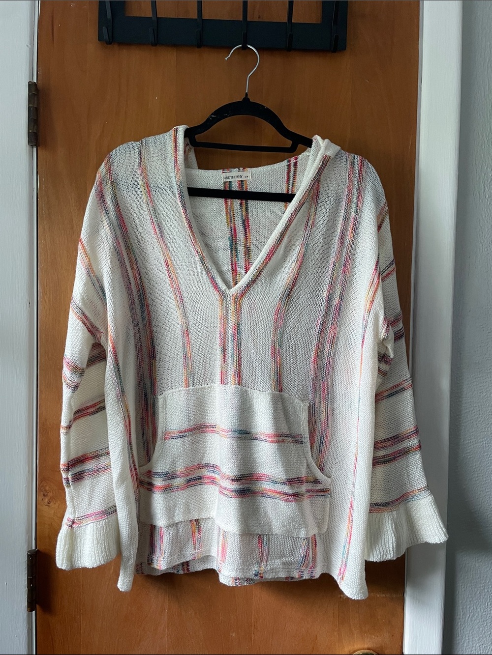 Striped Hooded Pullover Sweatshirt - Cream with Multicolor Stripes